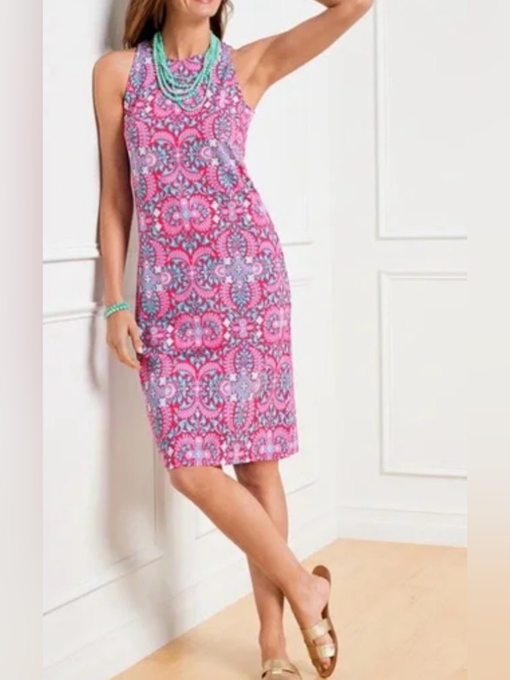 Talbots Effortless Jersey Medallion Pink Blue Sleeveless Dress M